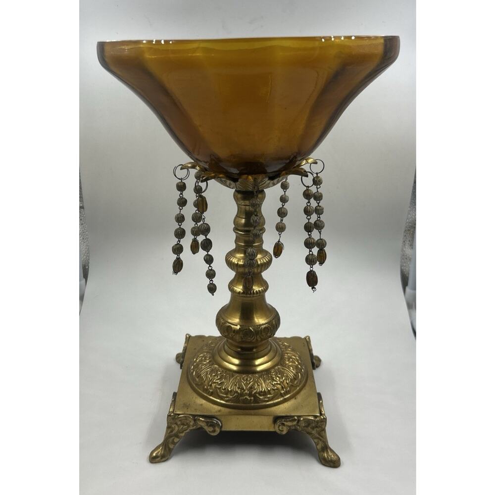 VTG Amber Glass Compote Fruit Bowl w/ Prisms Brass Pedestal
